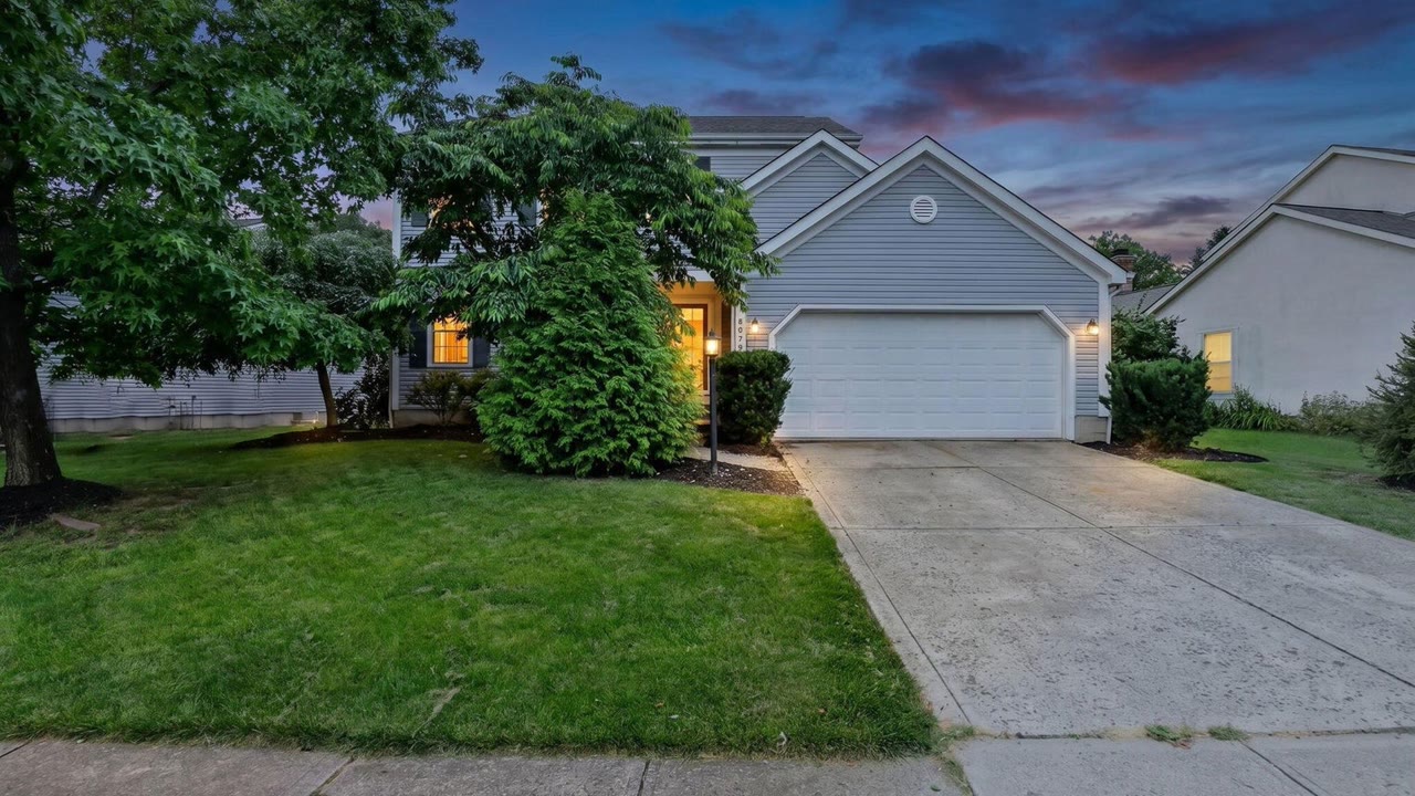 8079 Pelham Drive, Westerville OH at twilight - Worthington Highlands home