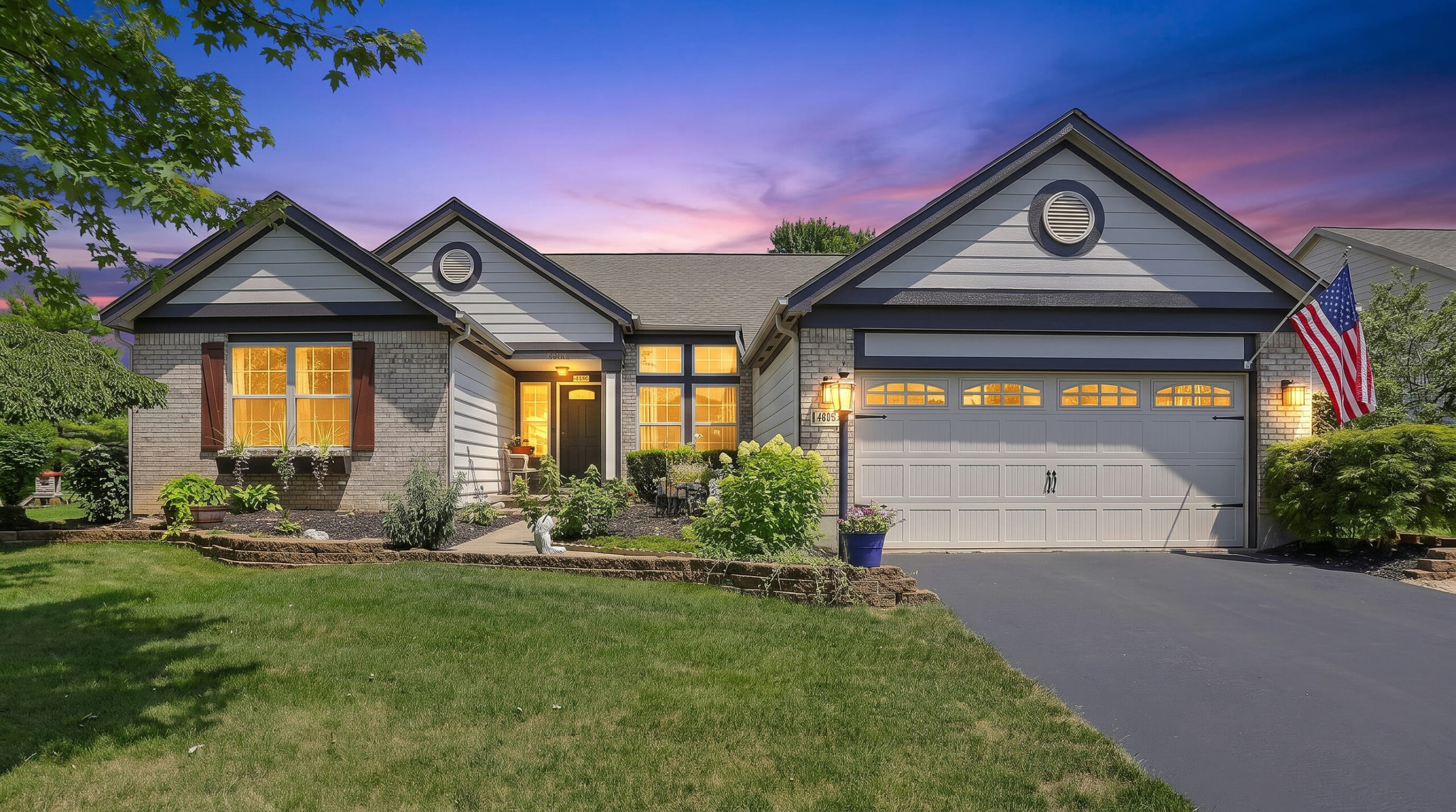 4008 Dorset Ct, Powell OH at twilight - ranch home in Big Bear Farms